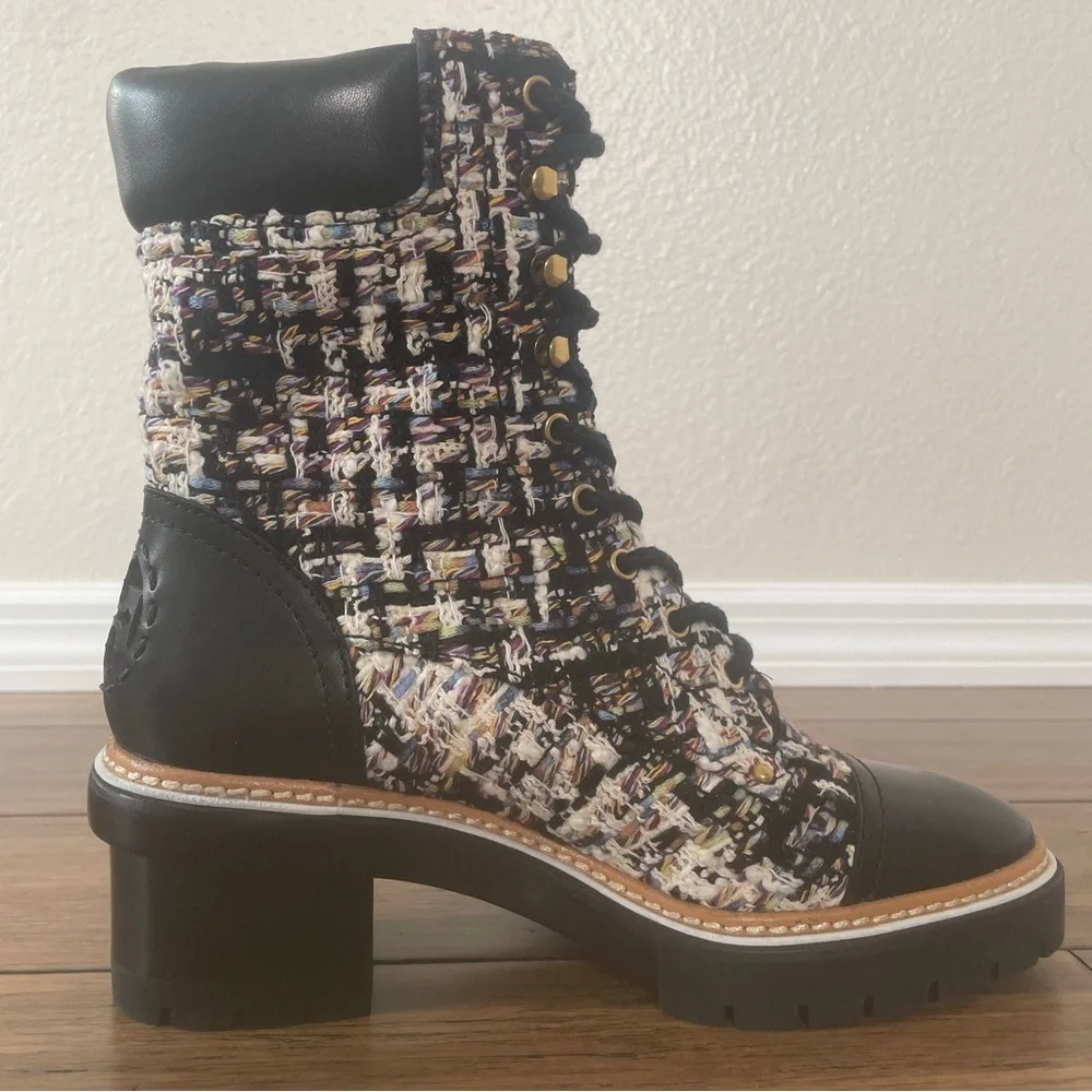 Tory Burch tweed combat boots fall boots winter boots lace up boots black bootie
